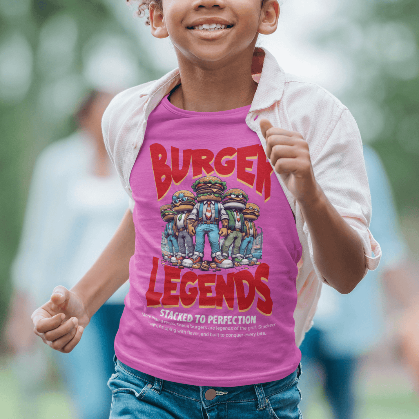 Child wearing “Burger Legends” funny kids graphic t-shirt, casual cotton youth tee by LostLogicCo Canada