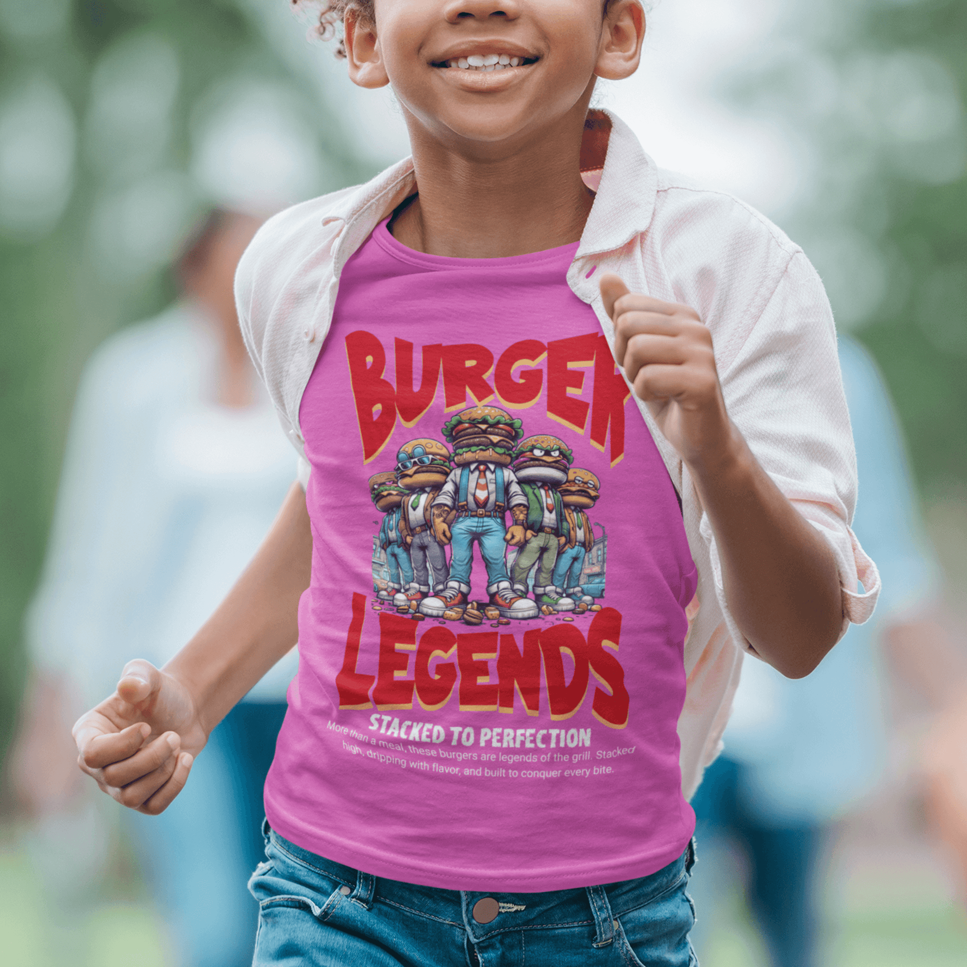 Child wearing “Burger Legends” funny kids graphic t-shirt, casual cotton youth tee by LostLogicCo Canada