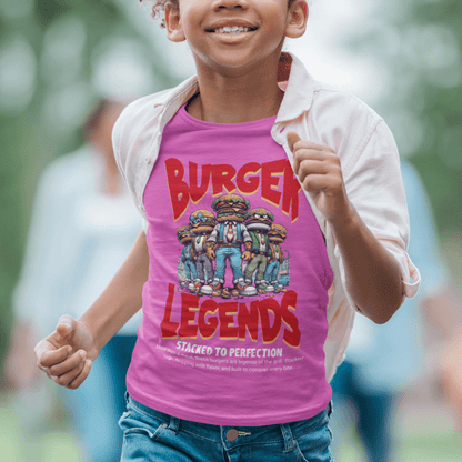 Child wearing “Burger Legends” funny kids graphic t-shirt, casual cotton youth tee by LostLogicCo Canada