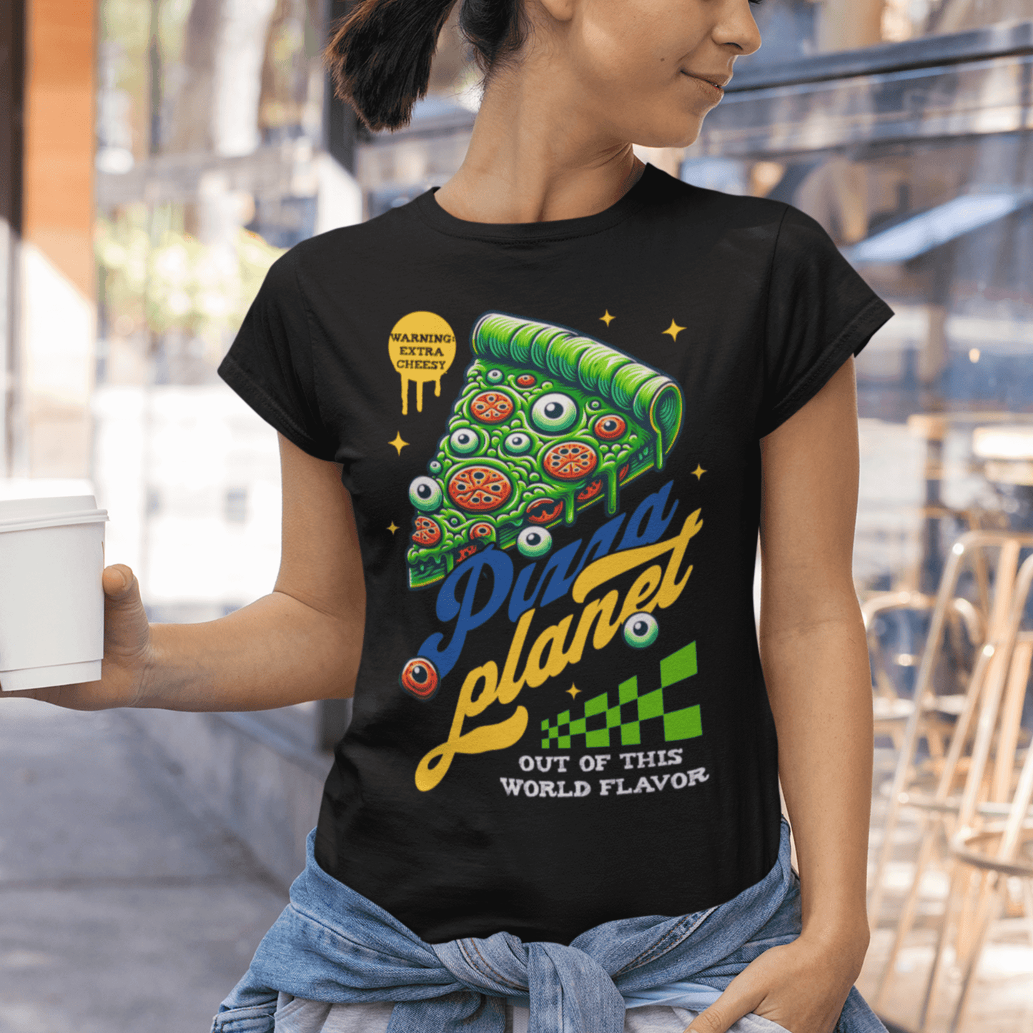 Youth wearing “Pizza Planet” funny cosmic pizza graphic t-shirt, sporty youth tee by LostLogicCo Canada