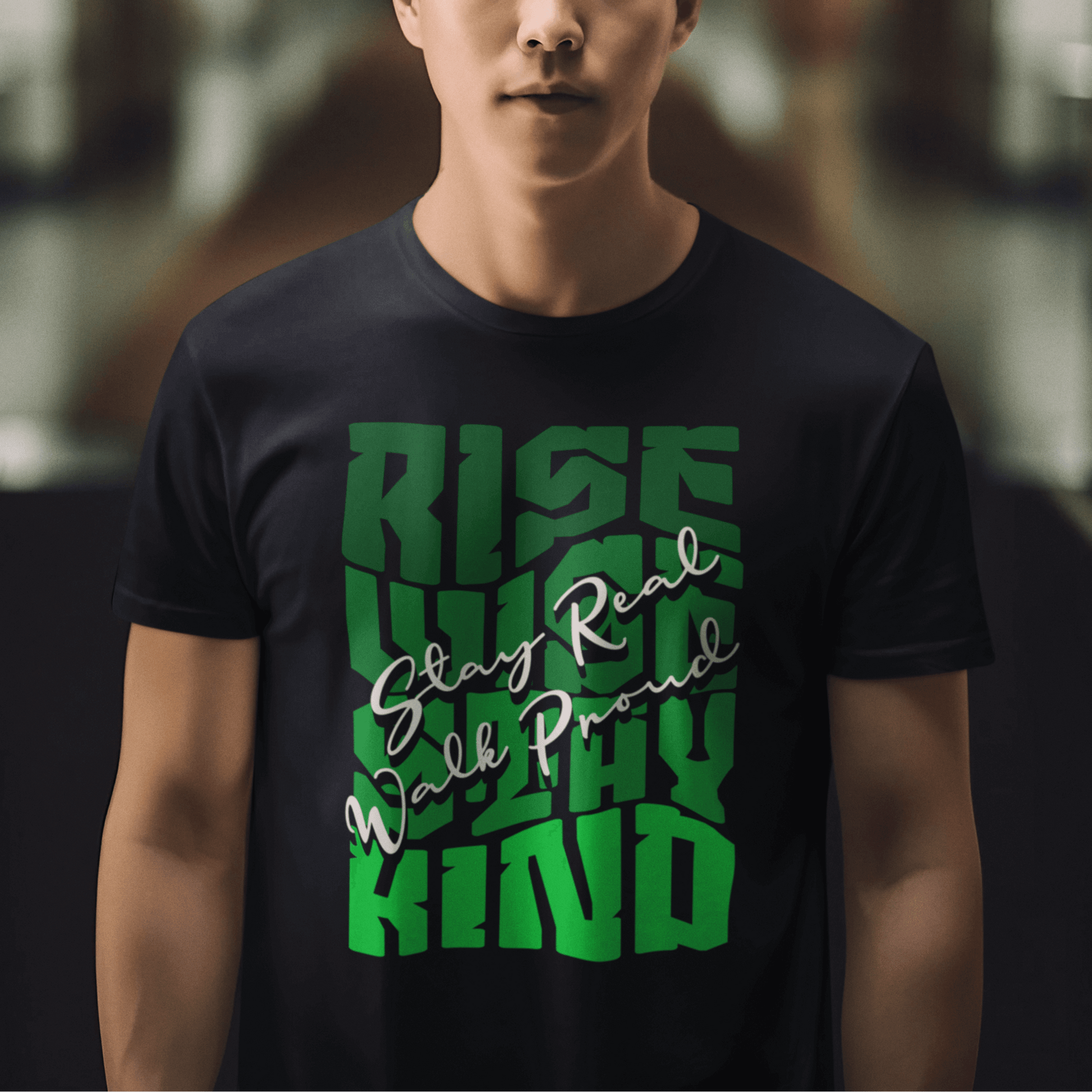 Model wearing unisex motivational t-shirt with “Rise Wise Stay Kind” typography design, casual sports performance tee by LostLogicCo Canada
