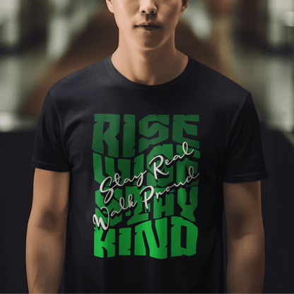 Model wearing unisex motivational t-shirt with “Rise Wise Stay Kind” typography design, casual sports performance tee by LostLogicCo Canada