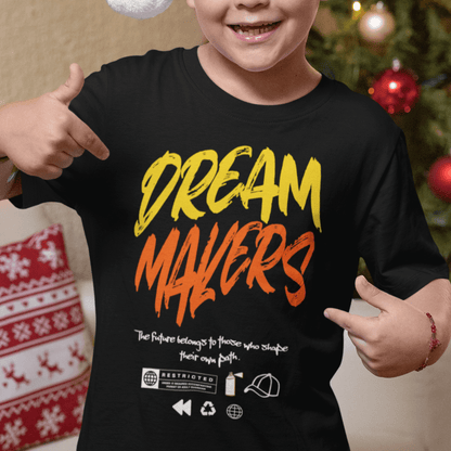 Child wearing “Dream Makers” motivational typography t-shirt, soft cotton youth tee by LostLogicCo Canada