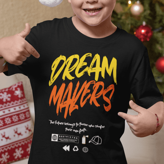 Child wearing “Dream Makers” motivational typography t-shirt, soft cotton youth tee by LostLogicCo Canada