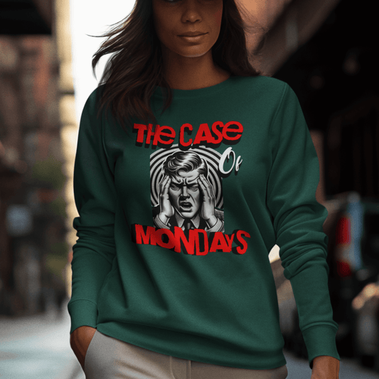 Model wearing green crewneck sweatshirt featuring expressive illustration and “The Case of Mondays” text, unisex streetwear by LostLogicCo Canada