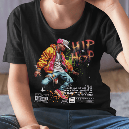Child wearing youth “Hip Hop” streetwear dance t-shirt, sporty cotton-poly tee by LostLogicCo Canada