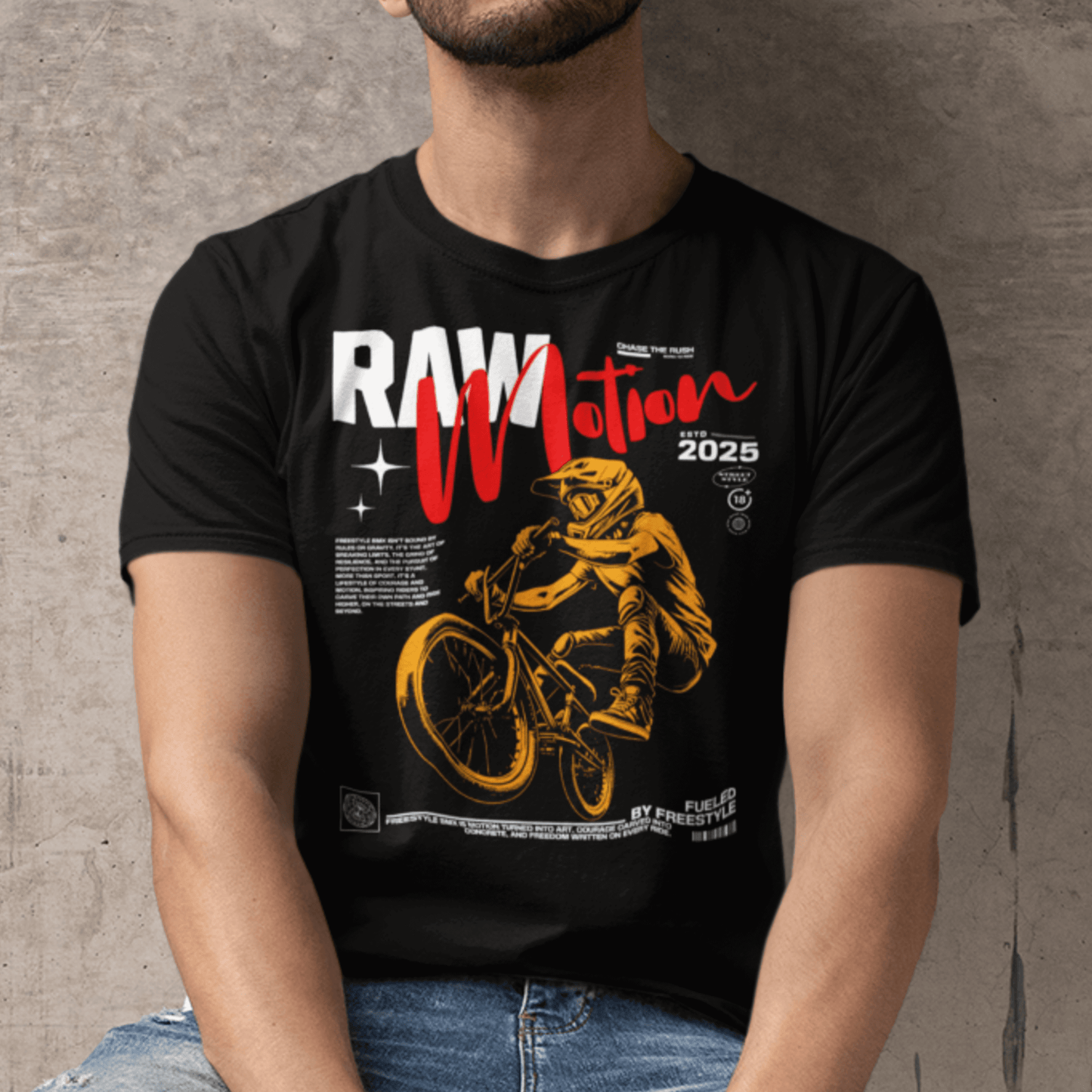 Person wearing “RAW Motion 2025” BMX sports t-shirt, unisex activewear graphic tee by LostLogicCo Canada