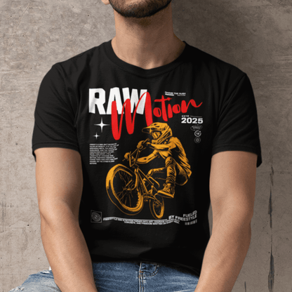 Person wearing “RAW Motion 2025” BMX sports t-shirt, unisex activewear graphic tee by LostLogicCo Canada