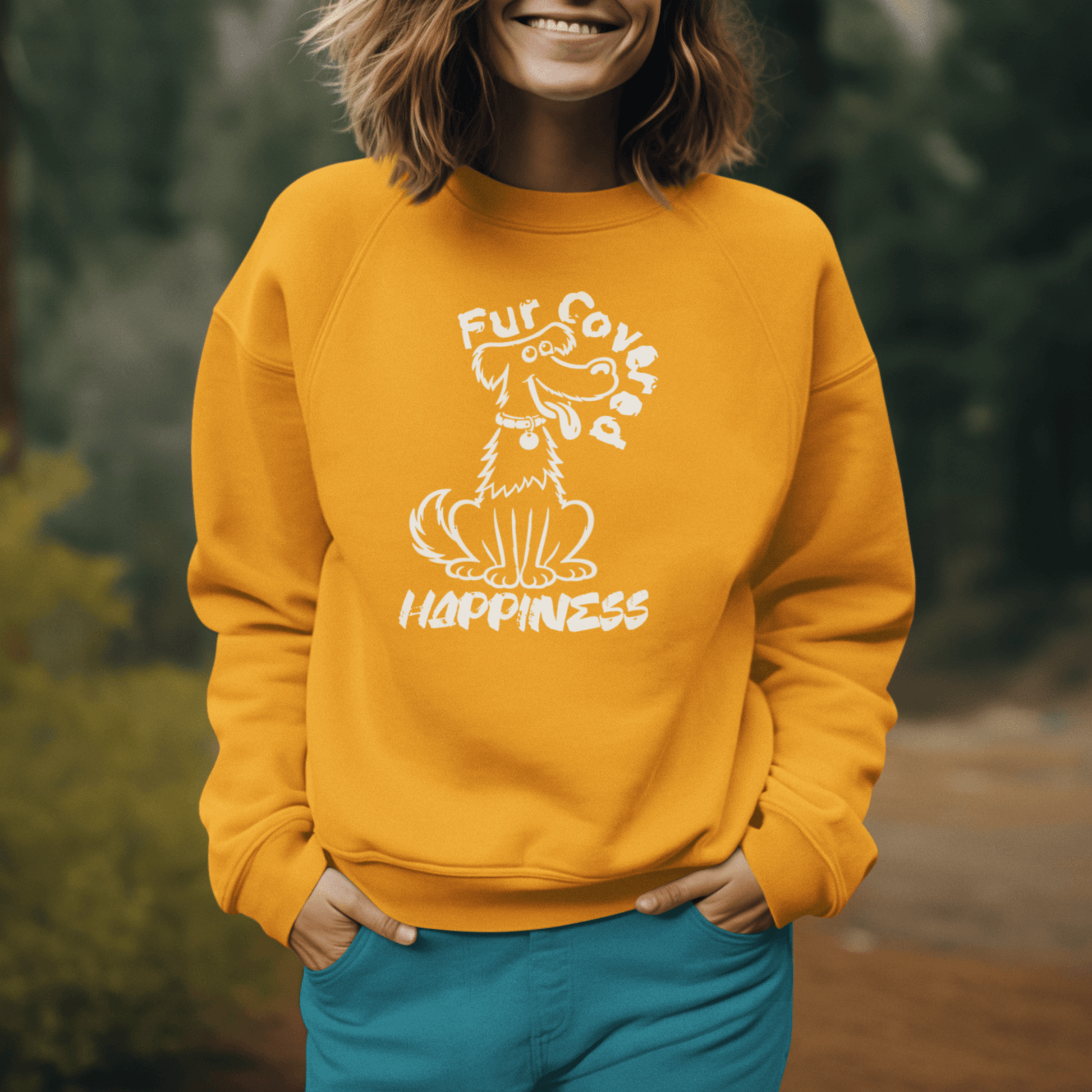 Model wearing a yellow Fur Covered Happiness sweatshirt with cute dog illustration design