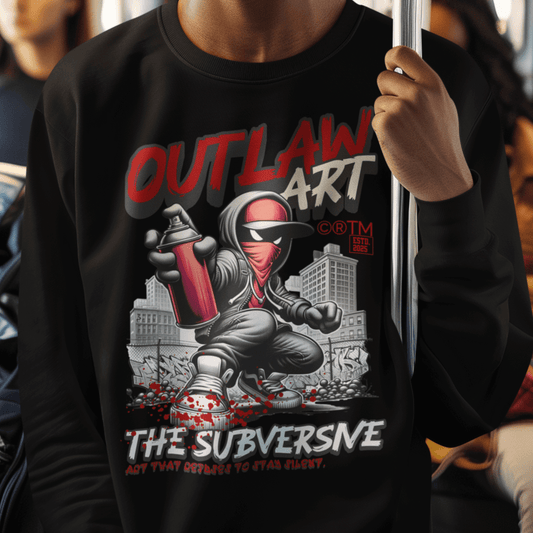 Model wearing graphic crewneck sweatshirt featuring “Outlaw Art: The Subversive” rebel illustration, unisex streetwear by LostLogicCo Canada