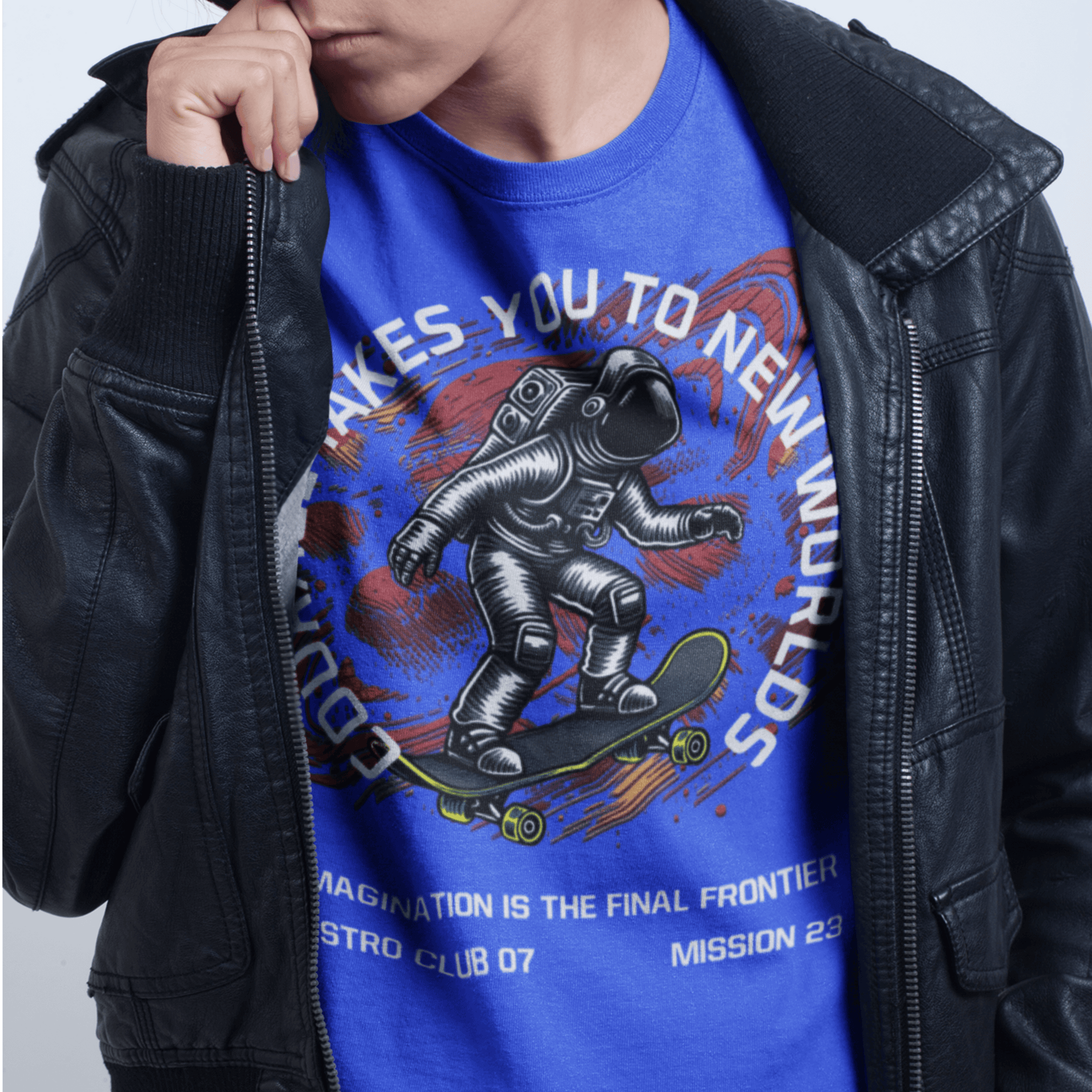 Youth wearing “Astro Skater” kids astronaut t-shirt, sporty moisture-wicking youth tee by LostLogicCo Canada