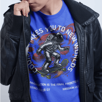 Youth wearing “Astro Skater” kids astronaut t-shirt, sporty moisture-wicking youth tee by LostLogicCo Canada