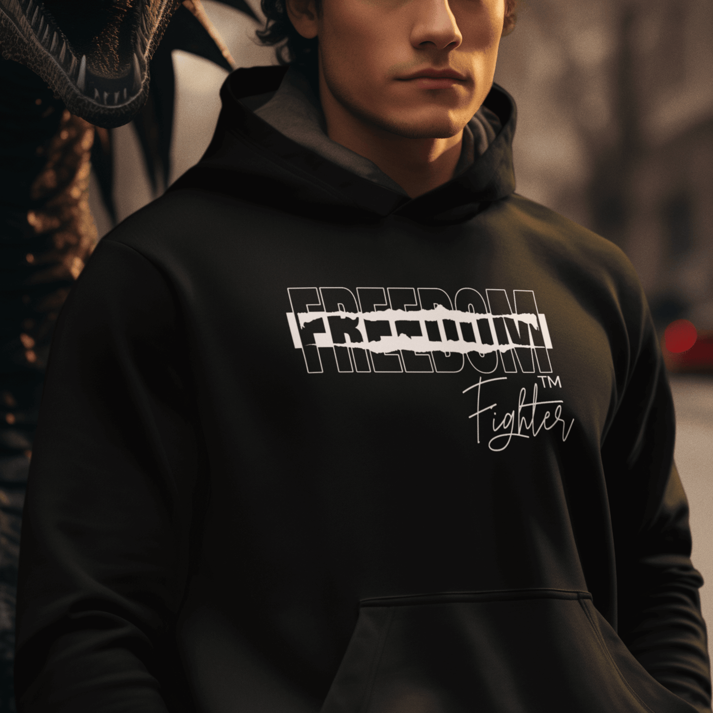 Model wearing black hoodie featuring torn “FREEDOM” text and script “Fighter,” motivational streetwear by LostLogicCo Canada