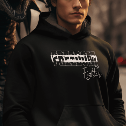 Model wearing black hoodie featuring torn “FREEDOM” text and script “Fighter,” motivational streetwear by LostLogicCo Canada
