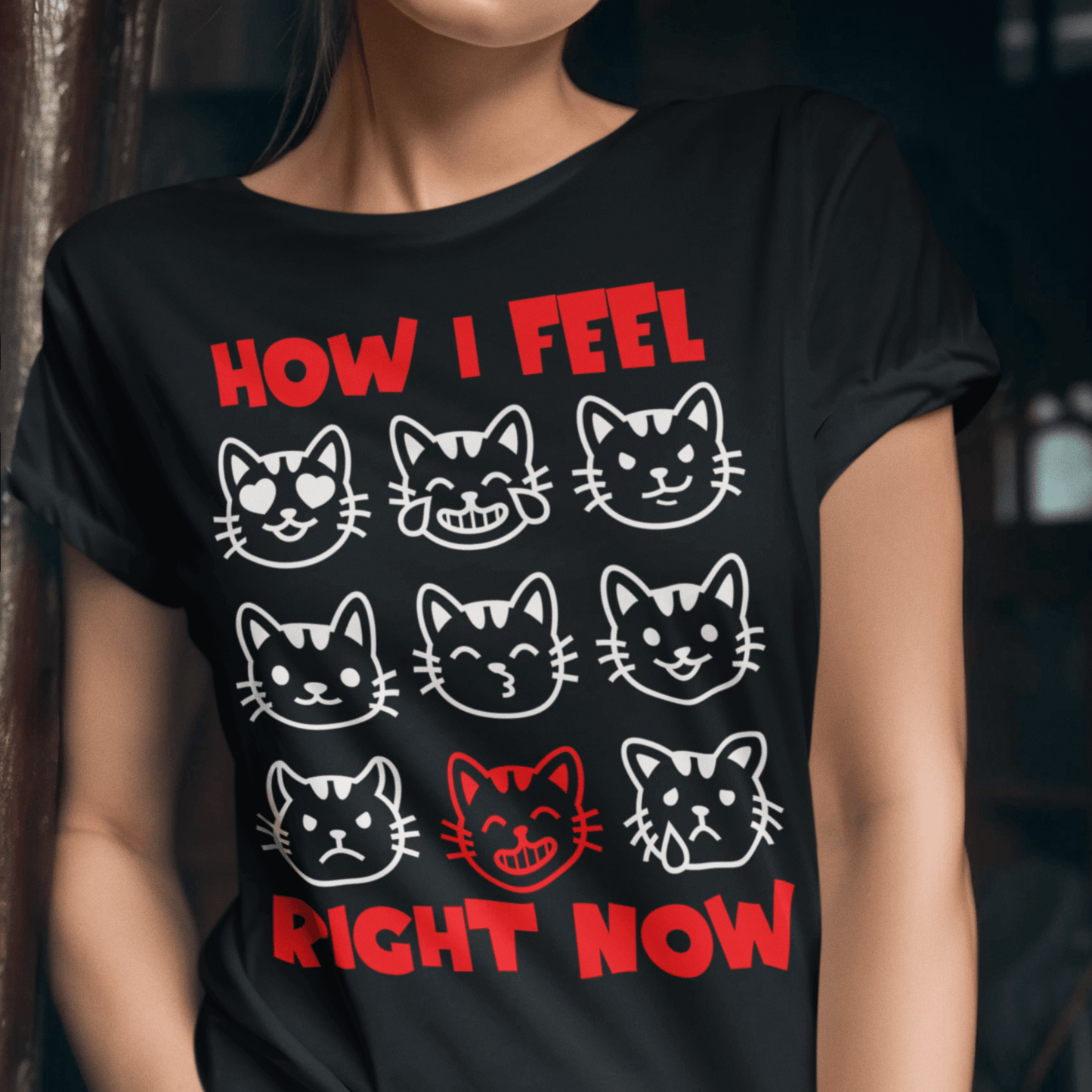 Person wearing “How I Feel Right Now” cat faces t-shirt, unisex soft cotton graphic tee by LostLogicCo Canada