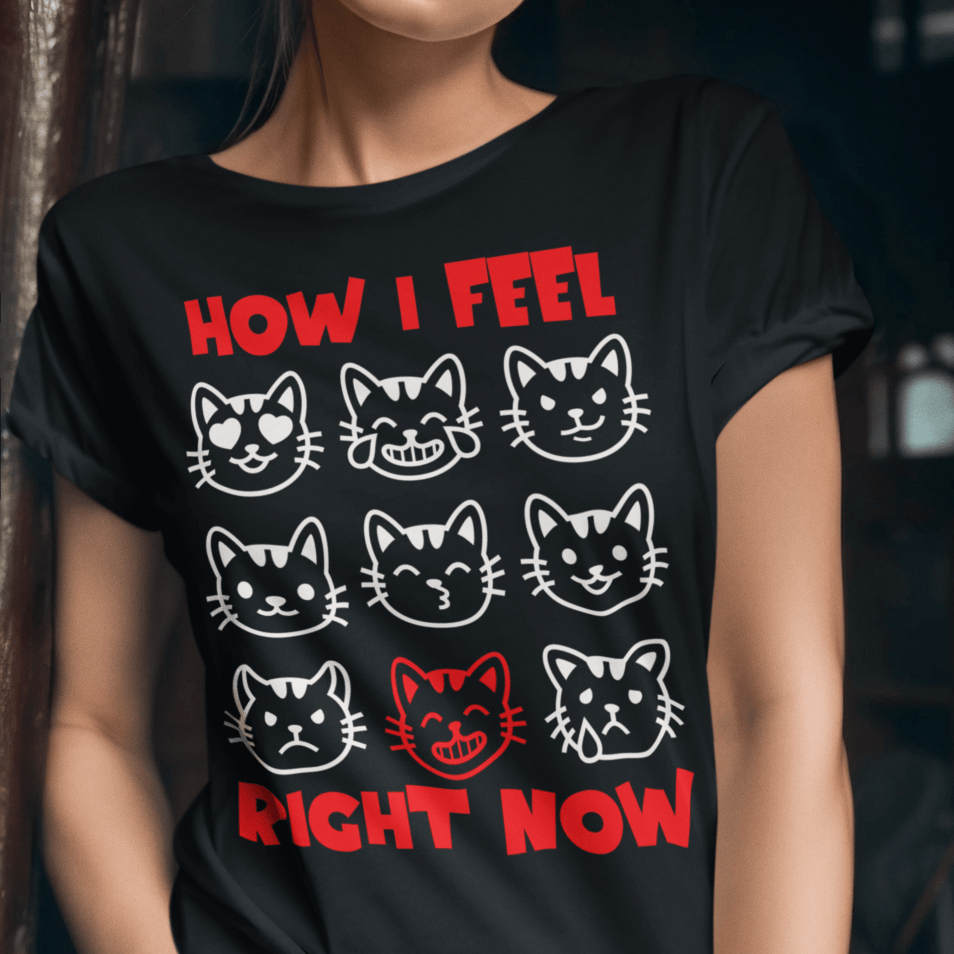 Person wearing “How I Feel Right Now” cat faces t-shirt, unisex soft cotton graphic tee by LostLogicCo Canada