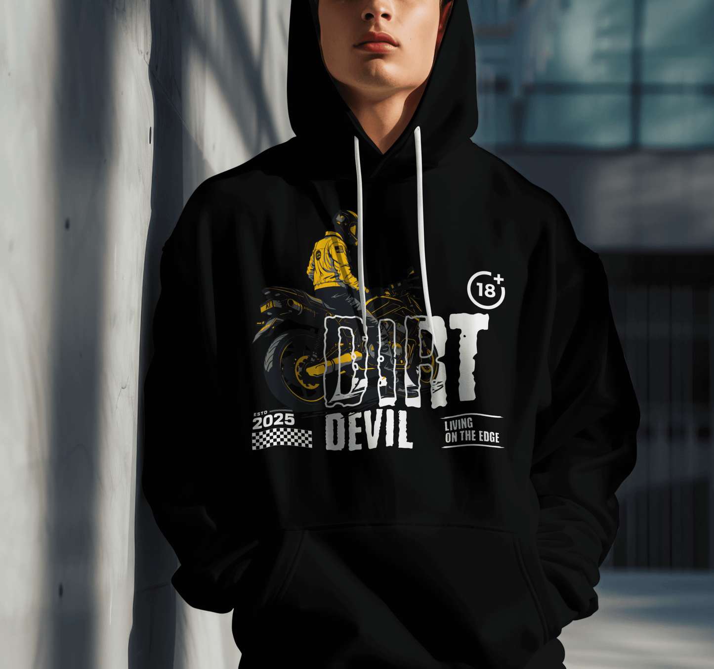 Model wearing black motorcycle hoodie with “Dirt Devil” bold design and biker artwork, unisex streetwear hoodie by LostLogicCo Canada