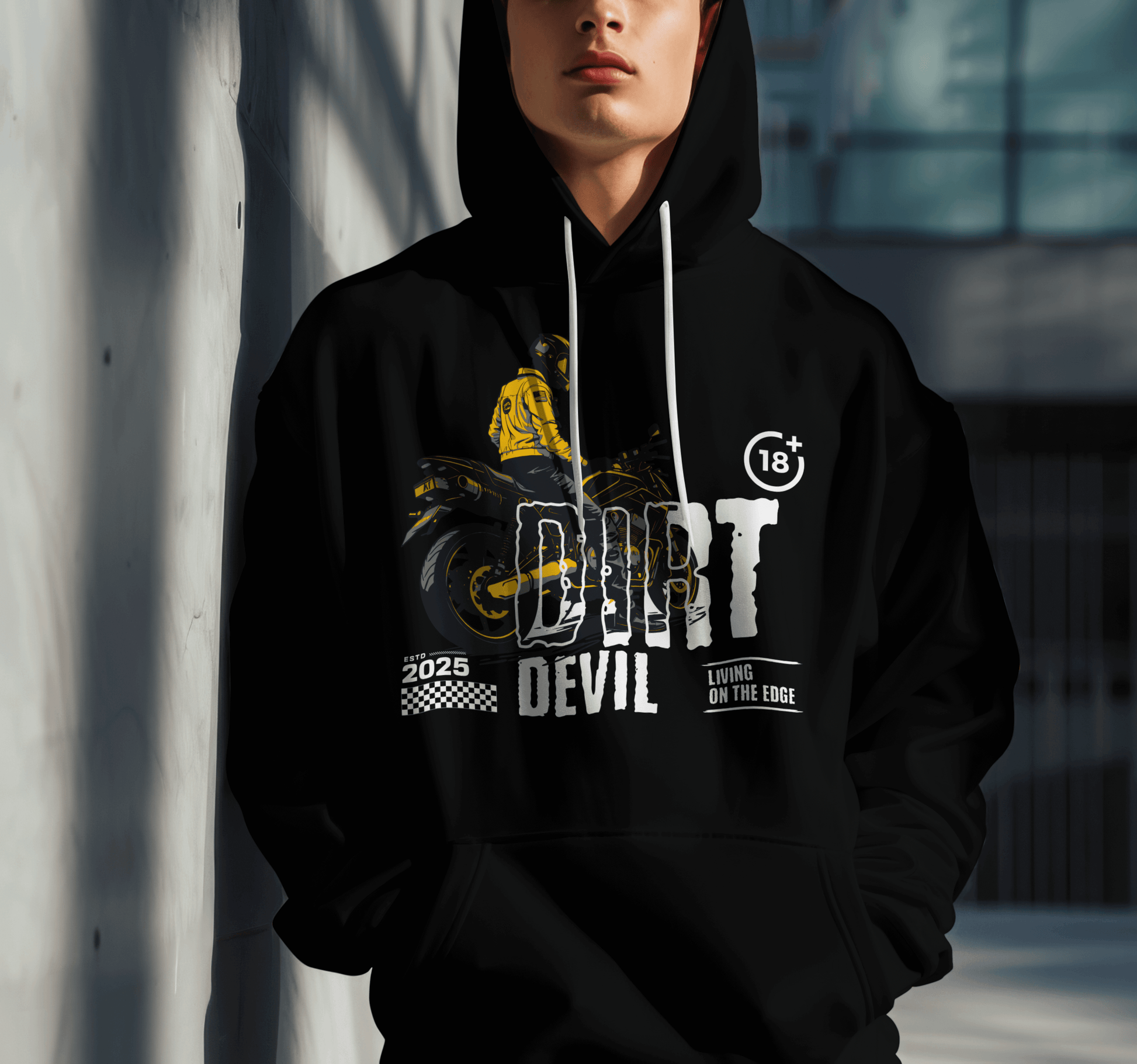 Model wearing black motorcycle hoodie with “Dirt Devil” bold design and biker artwork, unisex streetwear hoodie by LostLogicCo Canada