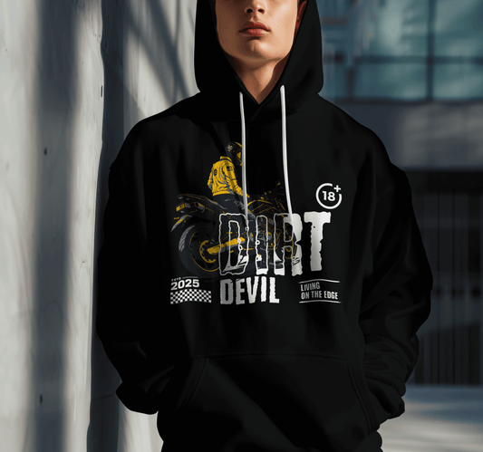 Model wearing black motorcycle hoodie with “Dirt Devil” bold design and biker artwork, unisex streetwear hoodie by LostLogicCo Canada