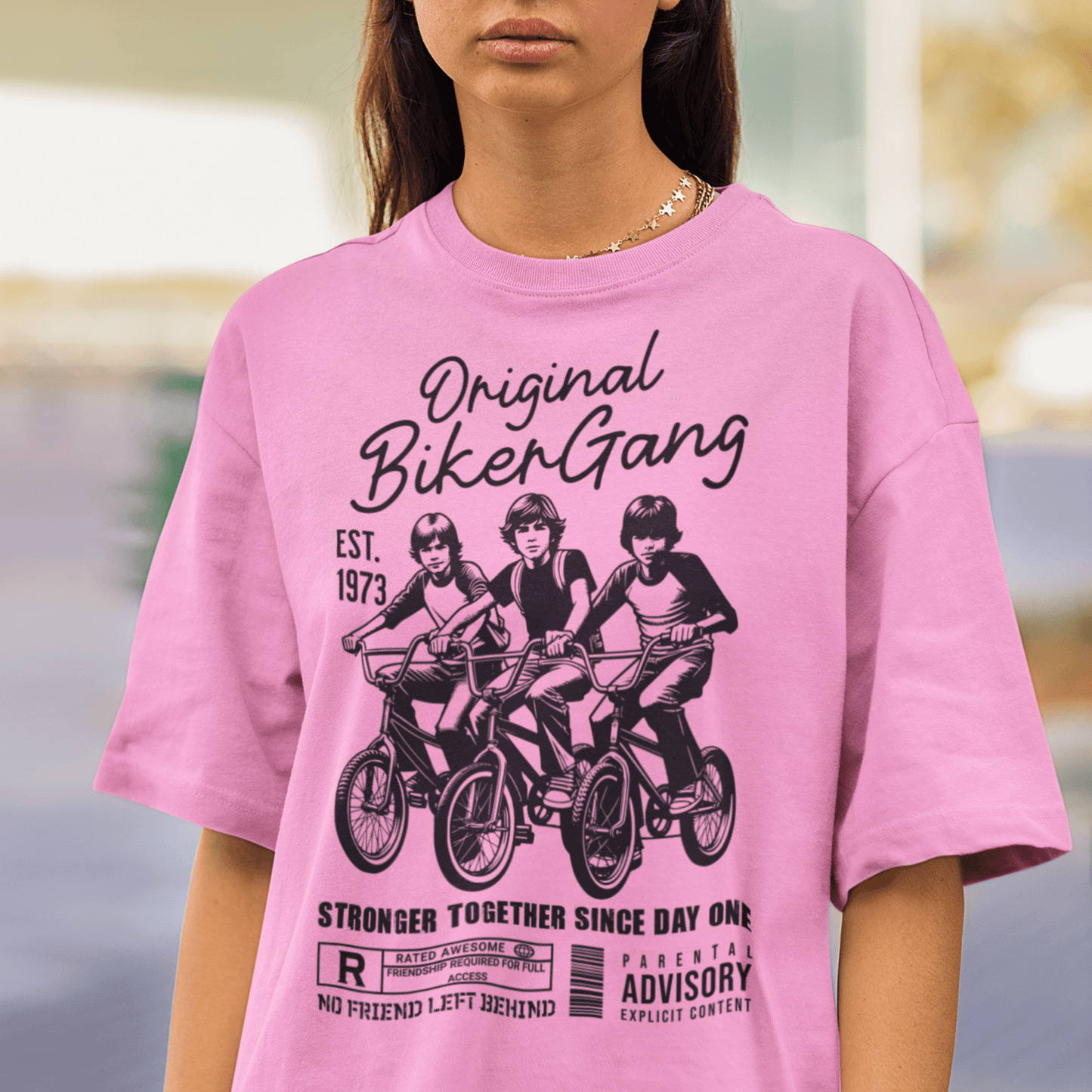Youth wearing “Original Biker Gang” kids graphic t-shirt, vintage-style youth tee by LostLogicCo Canada