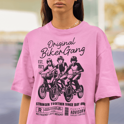 Youth wearing “Original Biker Gang” kids graphic t-shirt, vintage-style youth tee by LostLogicCo Canada