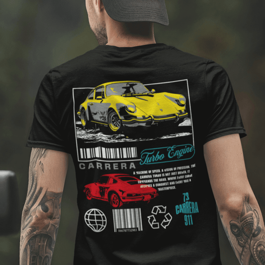 Person wearing “Carrera Turbo Engine” back print car t-shirt, unisex classic cotton streetwear tee by LostLogicCo Canada