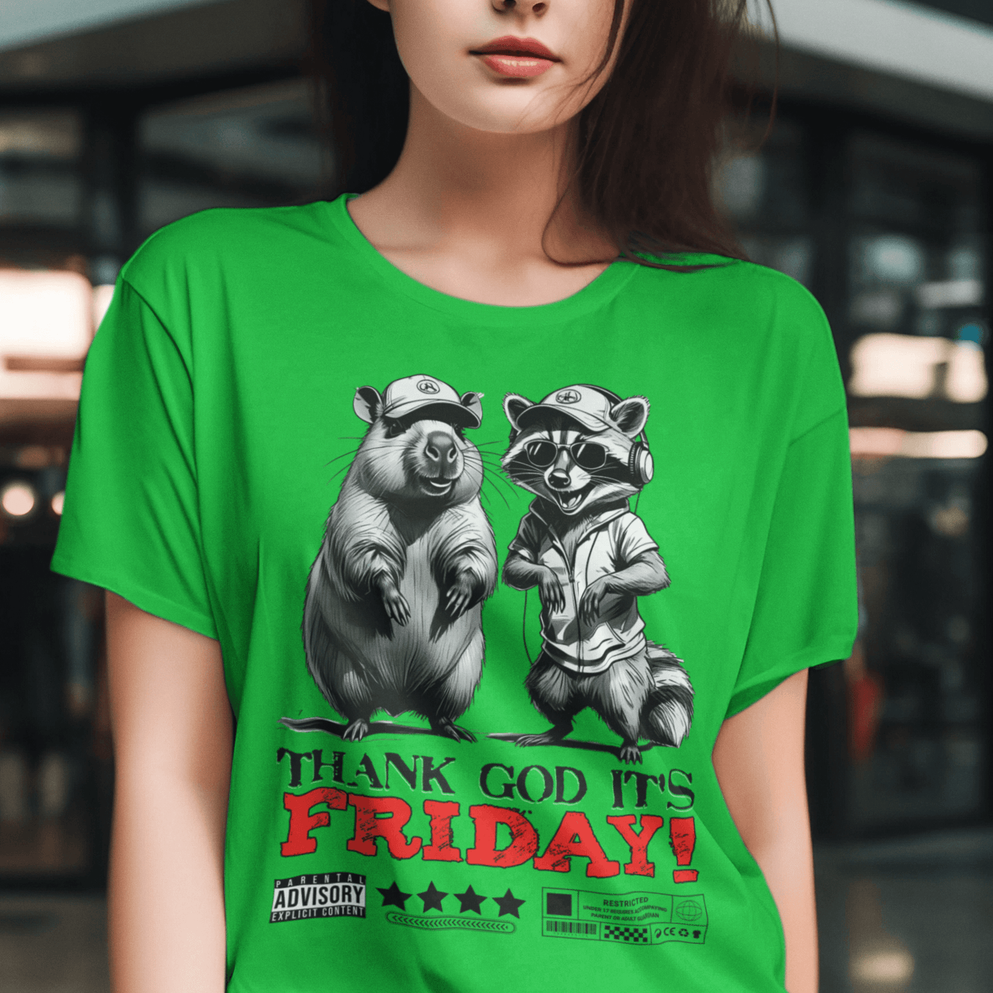 Model wearing unisex graphic t-shirt with “Thank God It’s Friday!” cartoon animal design, casual softstyle tee by LostLogicCo Canada