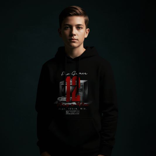 Model wearing black hoodie featuring retro gaming illustration and oversized “12,” nostalgic gamer streetwear by LostLogicCo Canada