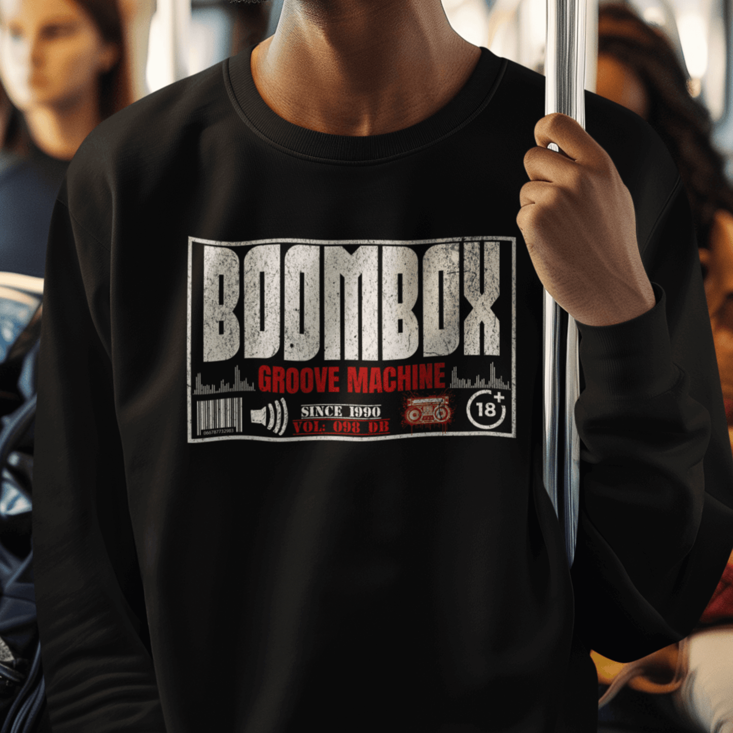 Model wearing unisex graphic sweatshirt with “Boombox Groove Machine” design, casual cotton blend crewneck by LostLogicCo Canada