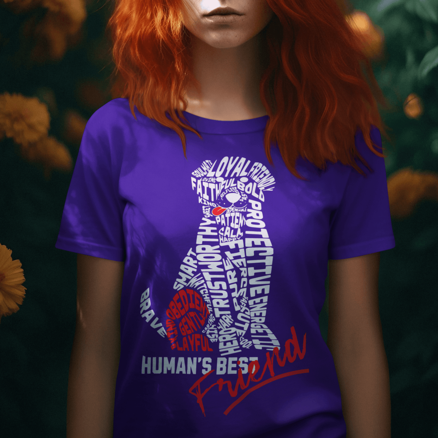 Model wearing “Human’s Best Friend” unisex t-shirt with bold typography dog design in red and white, comfortable cotton blend tee by LostLogicCo Canada