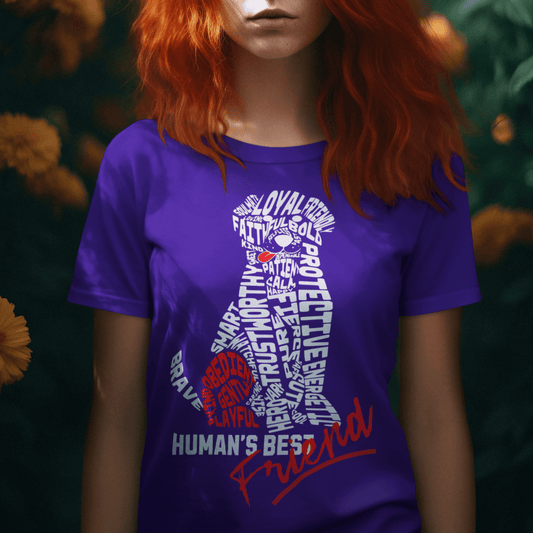 Model wearing “Human’s Best Friend” unisex t-shirt with bold typography dog design in red and white, comfortable cotton blend tee by LostLogicCo Canada