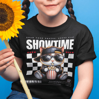 Child wearing “Showtime Cat” movie-night t-shirt, sporty cotton-poly kids tee by LostLogicCo Canada