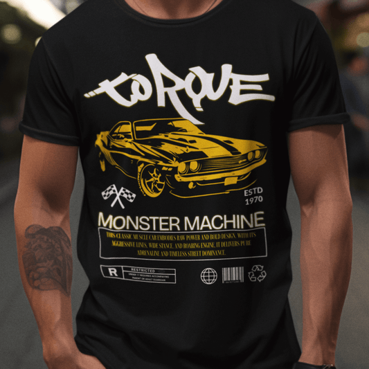 Model wearing “Torque Monster Machine” unisex t-shirt featuring vintage muscle car design in yellow, streetwear tee by LostLogicCo Canada