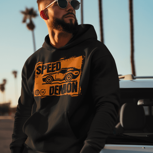 Model wearing black hoodie featuring bold “Speed Demon” car illustration, unisex automotive streetwear by LostLogicCo Canada
