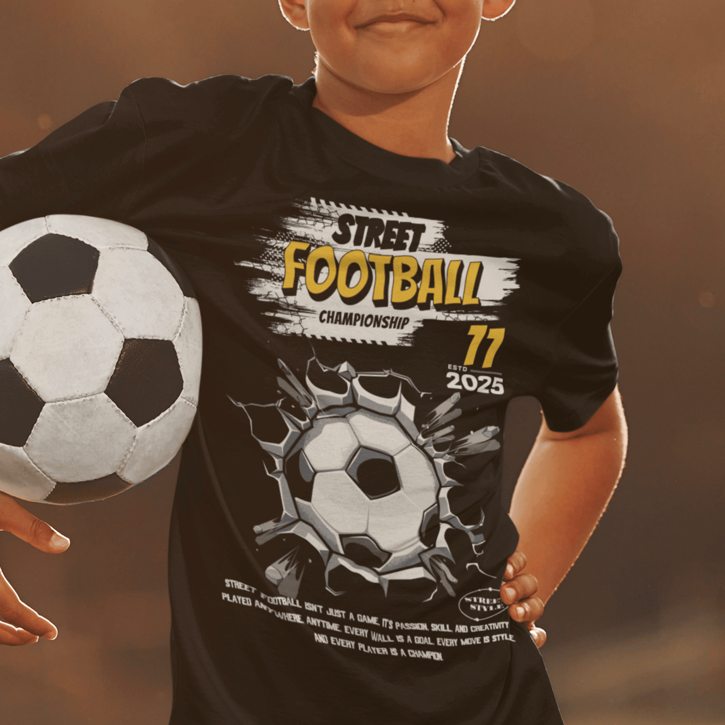 Child wearing “Street Football Championship” kids soccer t-shirt, sporty cotton-poly youth tee by LostLogicCo Canada