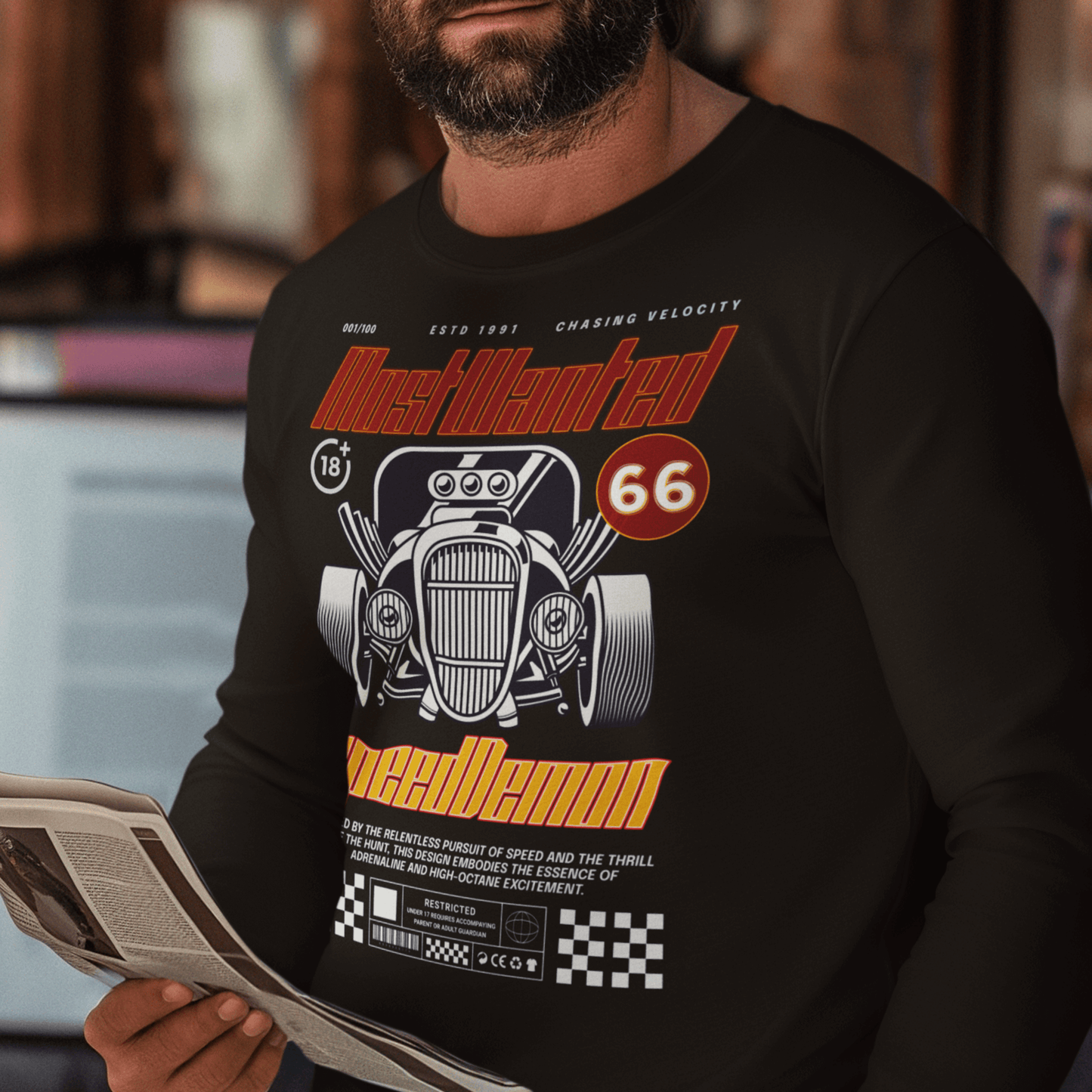 Model wearing unisex “Most Wanted Speed Demon” sweatshirt featuring vintage car and typography design, cozy crewneck by LostLogicCo Canada