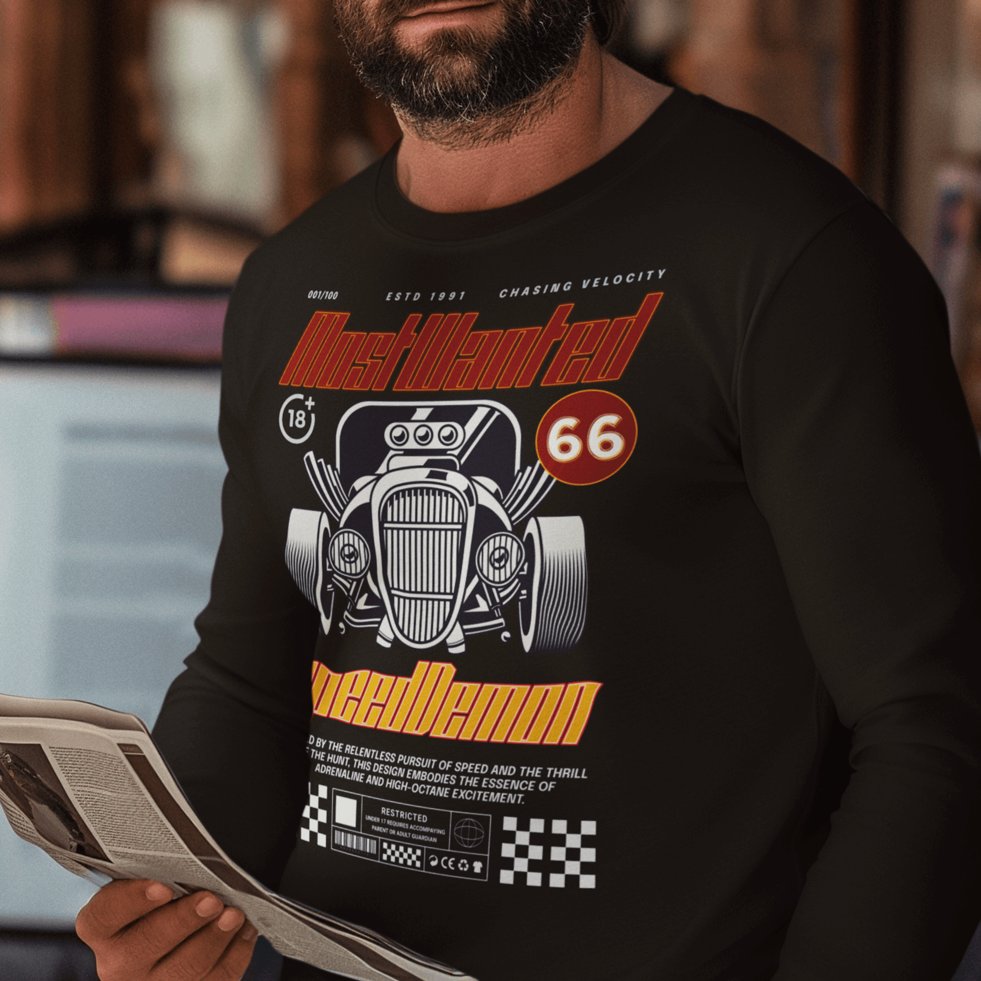 Model wearing unisex “Most Wanted Speed Demon” sweatshirt featuring vintage car and typography design, cozy crewneck by LostLogicCo Canada