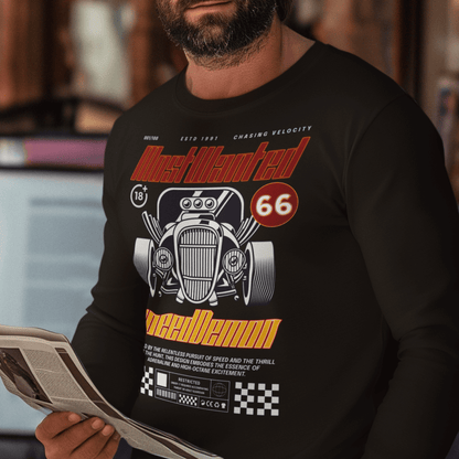 Model wearing unisex “Most Wanted Speed Demon” sweatshirt featuring vintage car and typography design, cozy crewneck by LostLogicCo Canada