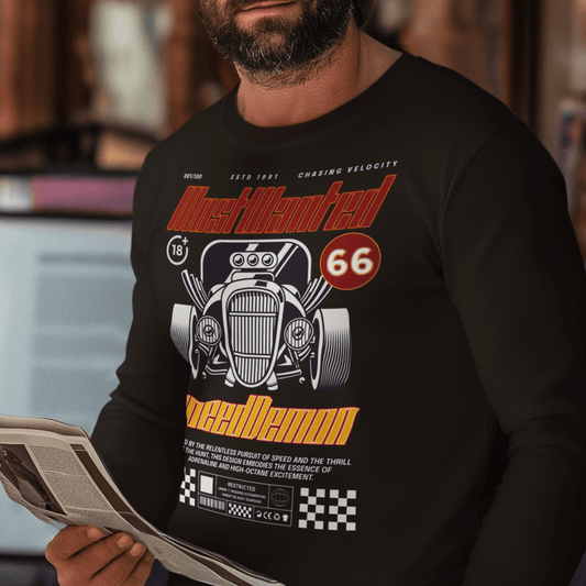 Model wearing unisex “Most Wanted Speed Demon” sweatshirt featuring vintage car and typography design, cozy crewneck by LostLogicCo Canada