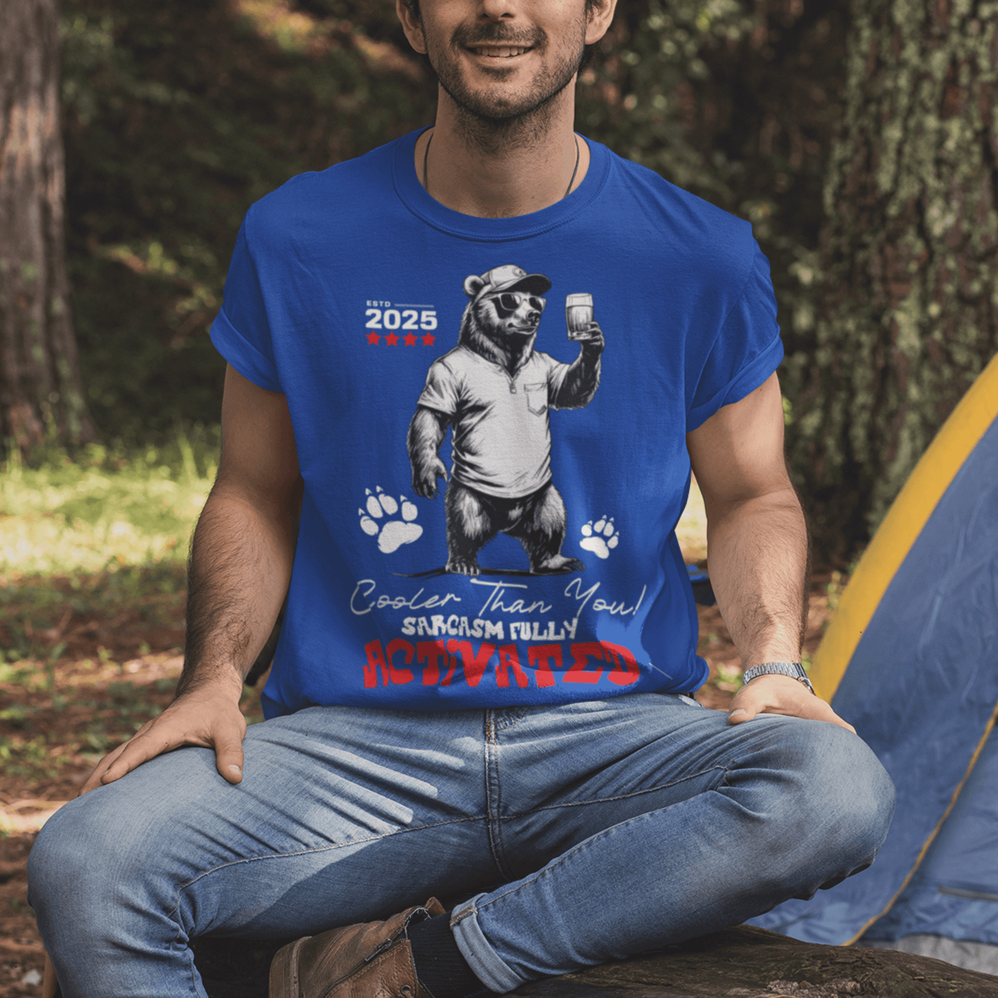 Model wearing “Cooler Than You Sarcasm Fully Activated” funny bear t-shirt, casual streetwear cotton tee by LostLogicCo Canada