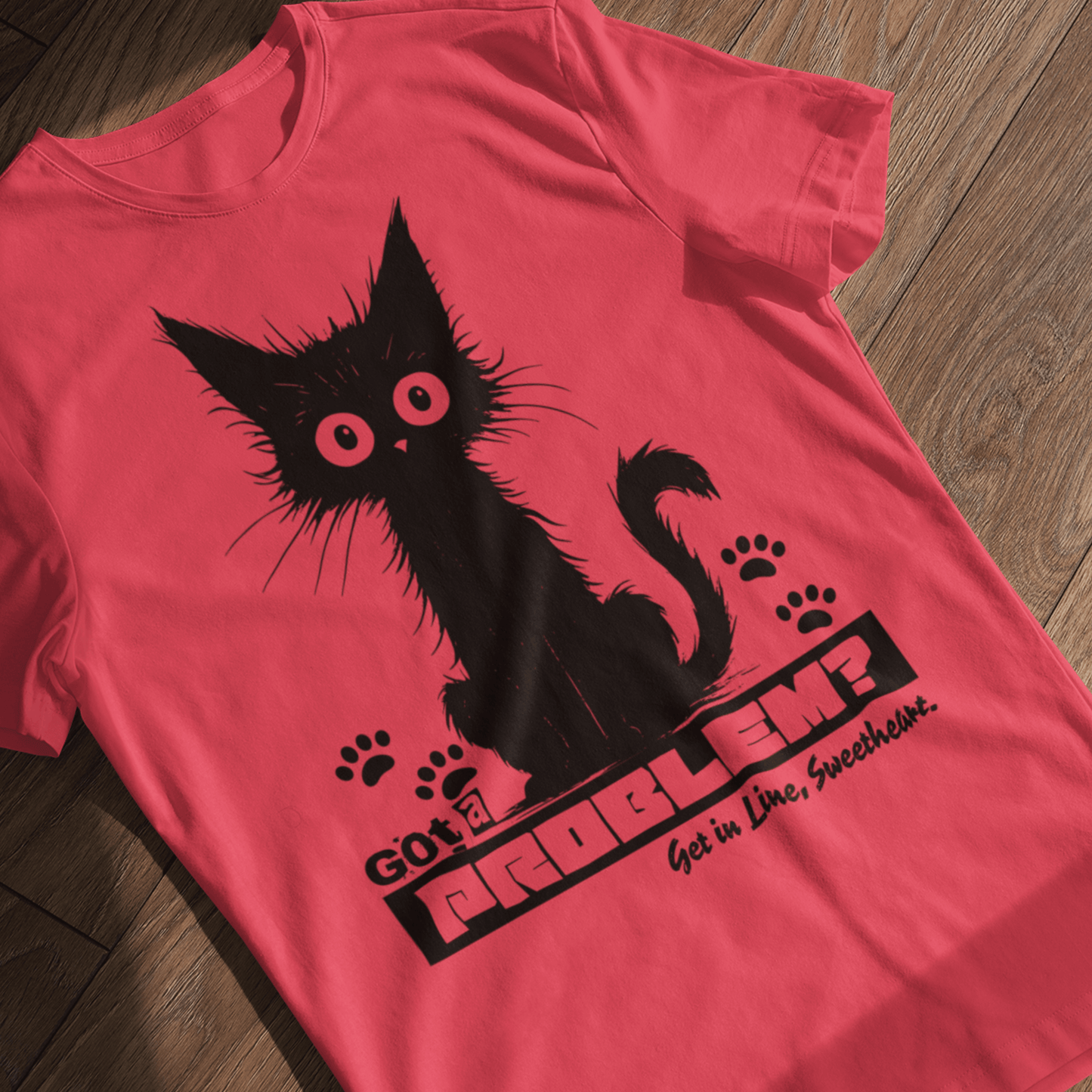 Model wearing unisex cat graphic t-shirt, casual short sleeve cotton tee by LostLogicCo Canada