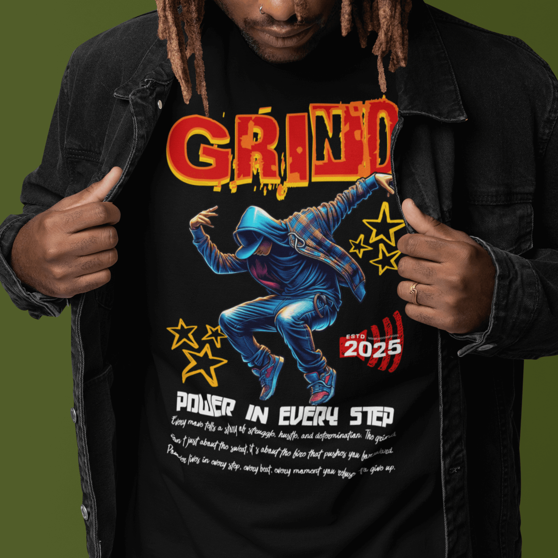 Person wearing neon “GRIND!” motivational t-shirt, unisex dance-inspired streetwear by LostLogicCo Canada
