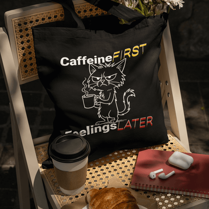 Eco tote bag with “Caffeine First Feelings Later” funny cat design in black, yellow, and red on organic cotton by LostLogicCo Canada.