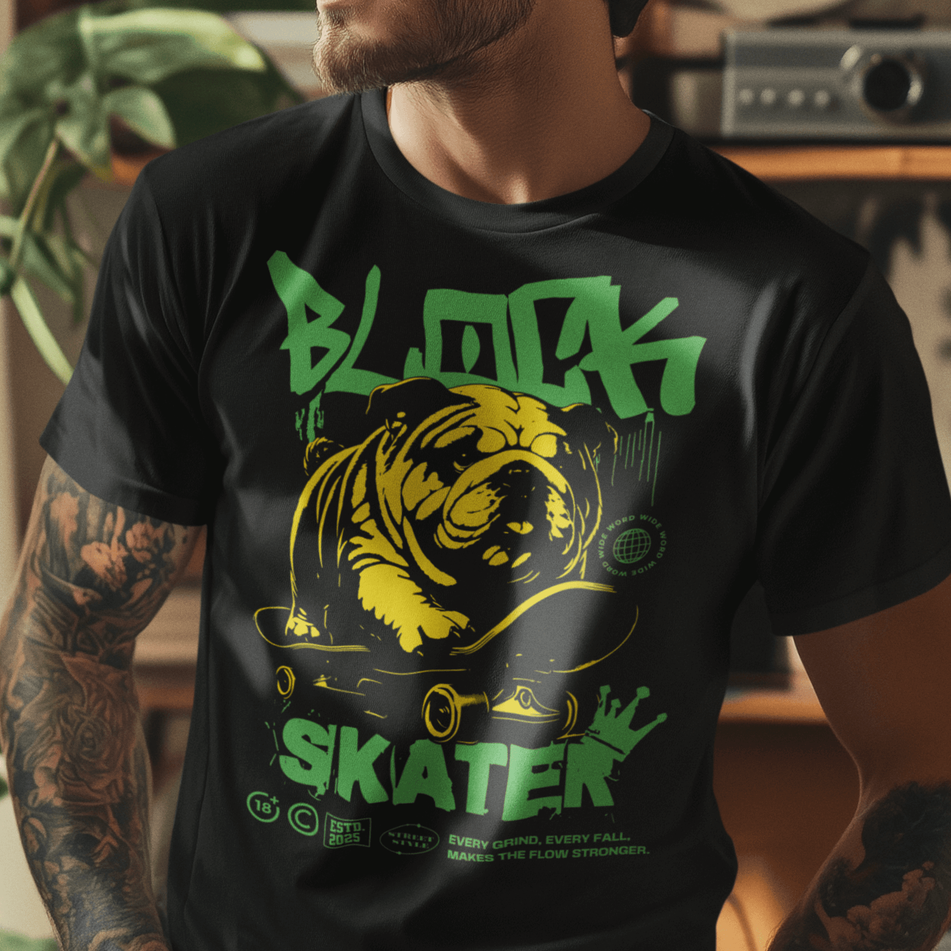 Model wearing unisex “BLOCK SKATER” graffiti-style bulldog skate t-shirt, black streetwear tee by LostLogicCo Canada