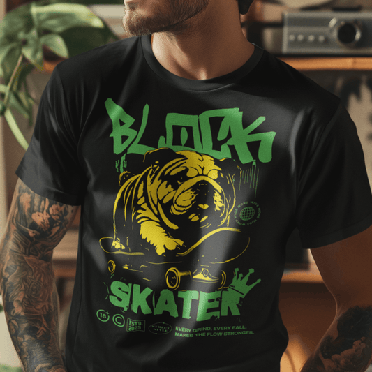 Model wearing unisex “BLOCK SKATER” graffiti-style bulldog skate t-shirt, black streetwear tee by LostLogicCo Canada