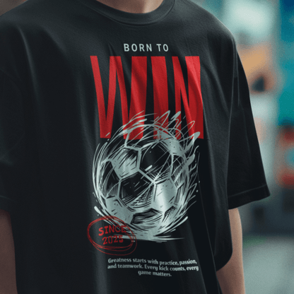Child wearing “Born to Win” motivational soccer t-shirt, sporty cotton-poly youth tee by LostLogicCo Canada