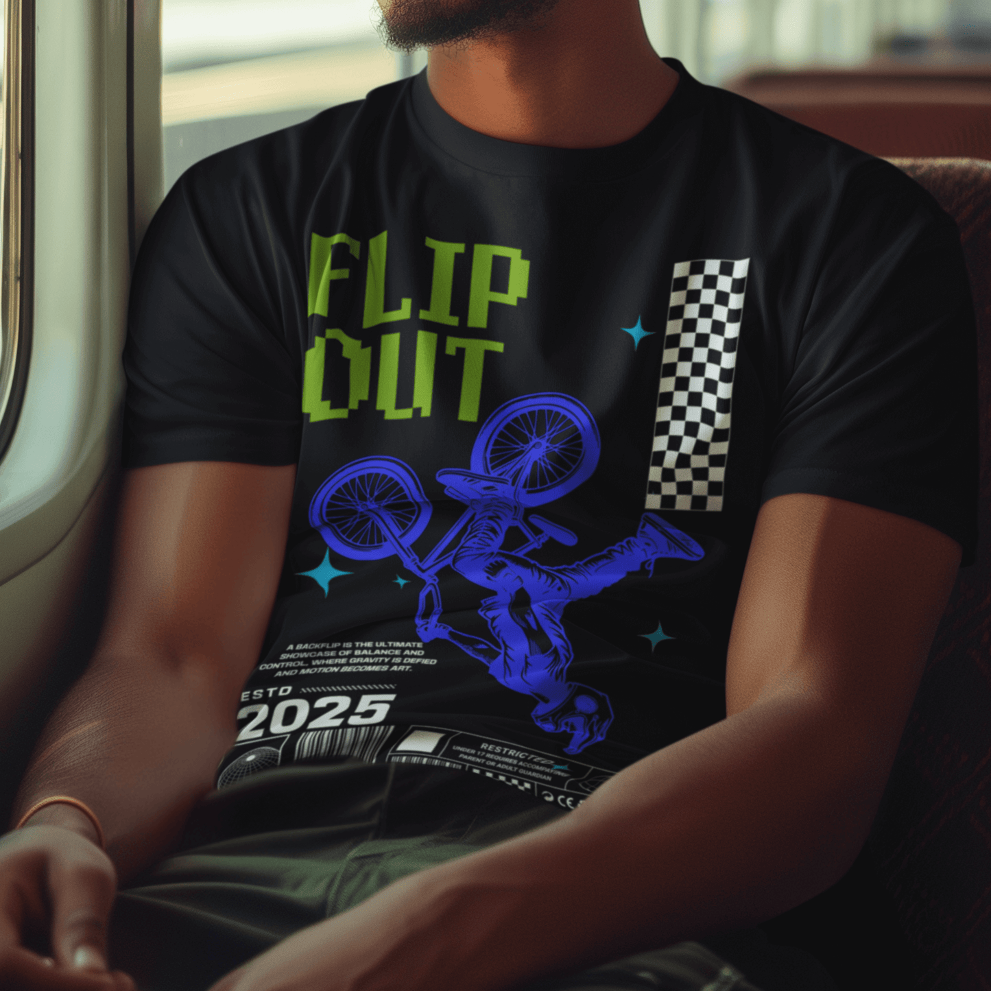 Person wearing “Flip Out 2025” BMX freestyle t-shirt, bold neon action sports tee by LostLogicCo Canada