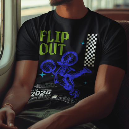 Person wearing “Flip Out 2025” BMX freestyle t-shirt, bold neon action sports tee by LostLogicCo Canada