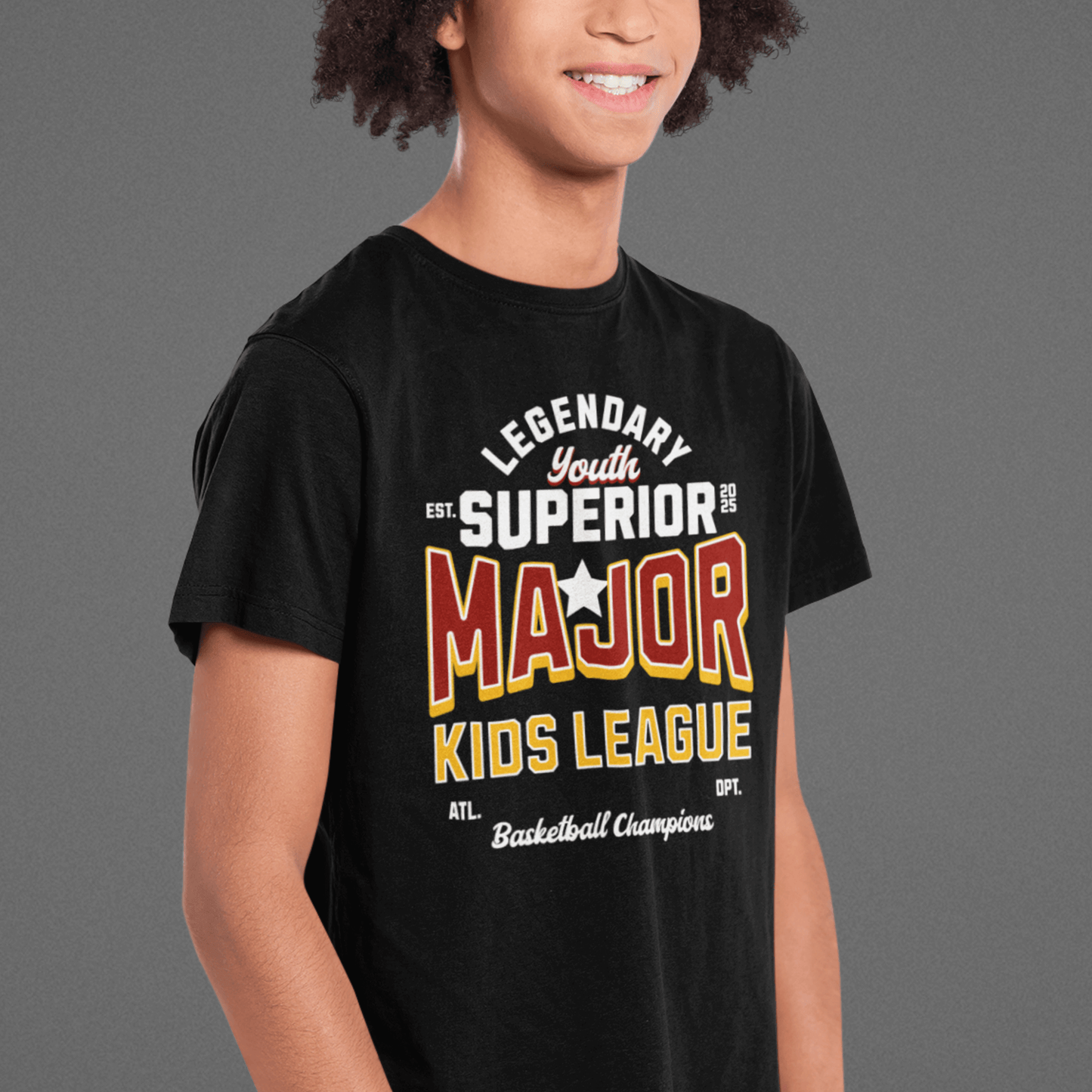 Child wearing “Major Kids League” sporty typography t-shirt, breathable cotton youth tee by LostLogicCo Canada
