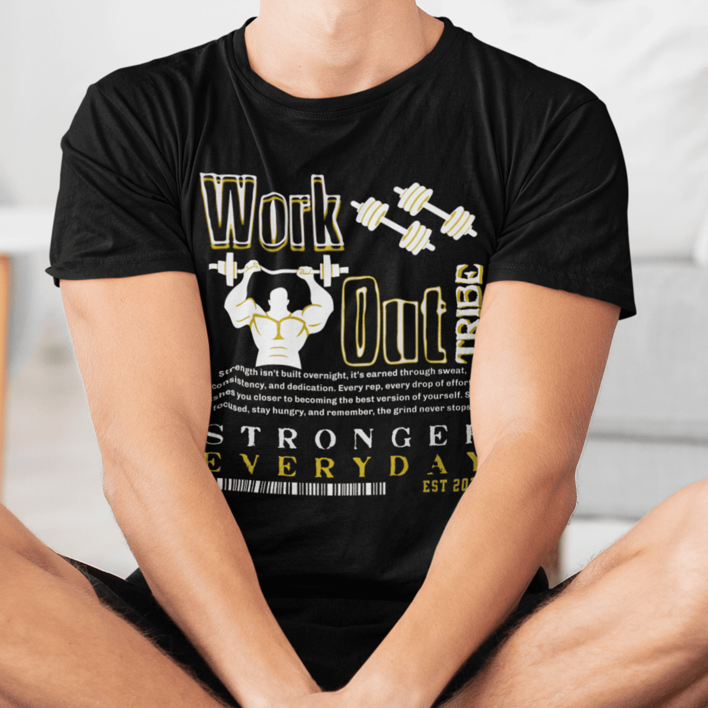 Model wearing “Work Out Tribe Stronger Everyday” gym motivation t-shirt, unisex DryBlend workout tee by LostLogicCo Canada